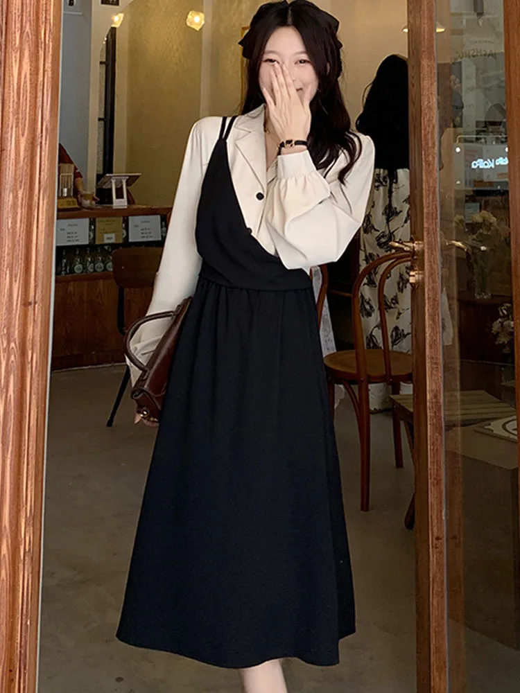 

office lady Long Sleeve Dress Women all-match Fashion Mid-calf Daily party Casual oversized patchwork fake two black dresses