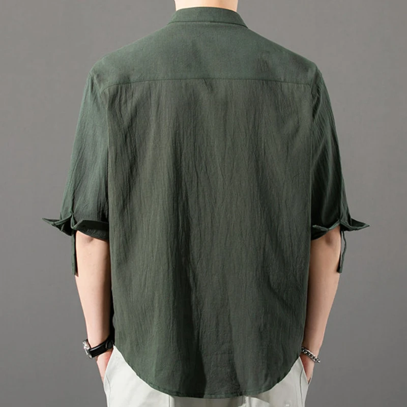 Three Quarter Sleeve Shirts Summer Cotton Linen Men's Solid Color Stand-Up Collar Casual Beach Style Shirt Tops