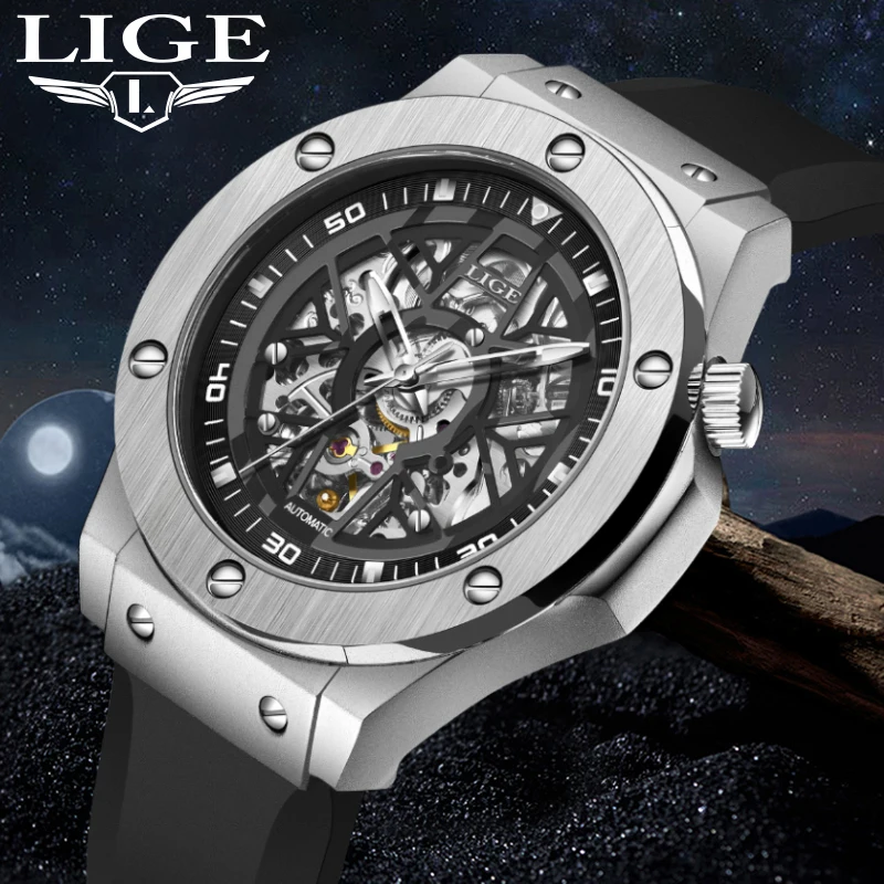 

LIGE Luxury Automatic Men Mechanical Fashion Military Silicone Strap Casual Sport Man Watches Waterproof Luminous Military Clock
