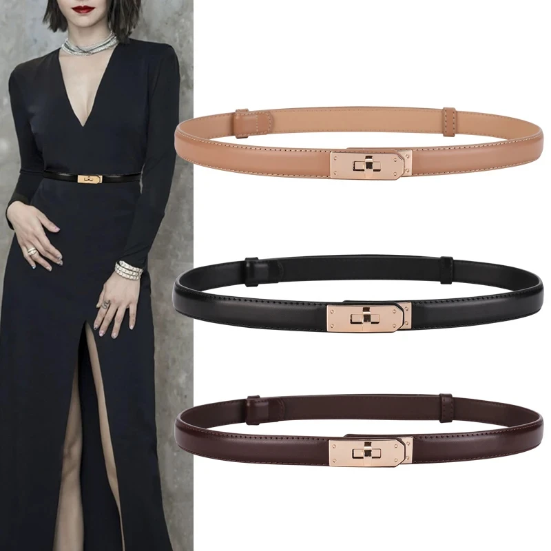 New Fashion Design High Quality Women Belt Genuine Leather Width Belts Golden Lock Buckle Dress Jeans Sweater Waistband Belt