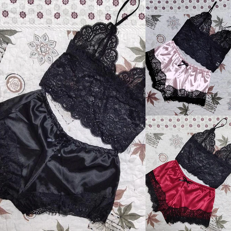 2PCS Womens Lace Sleepwear Lingerie Tops Shorts Set Babydoll Pajamas Nightwear women pajamas set,women pajama suit