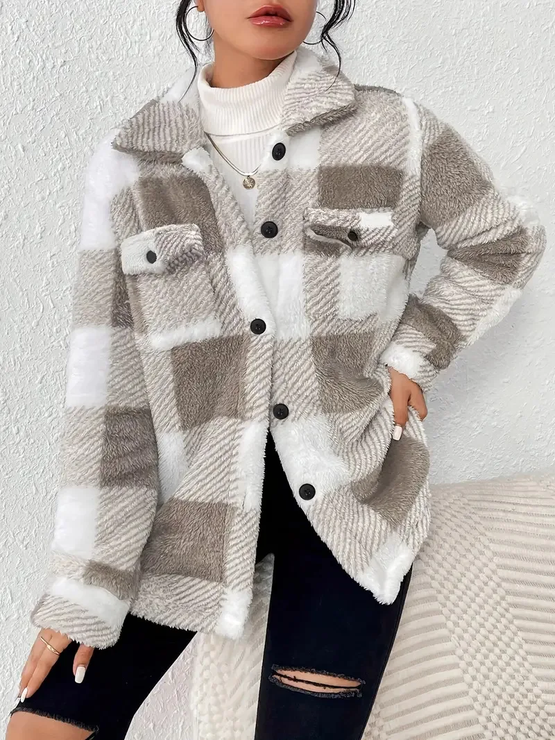 Europe and the United States autumn and winter open-button lapel plaid coat plaid pattern button front jacket warm 2