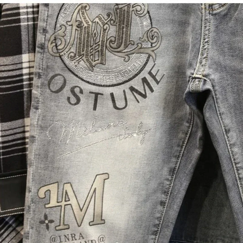 Male Cowboy Pants Gray with Print Rhinestones Cropped