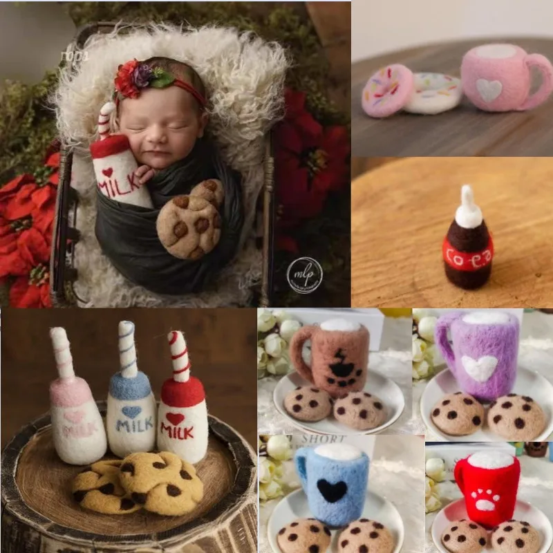 Sunshine Newborn Photography Props Wool Felt Cookies Milk Bottle Milk Tea Cup Baby Shooting Accessories Mini Props