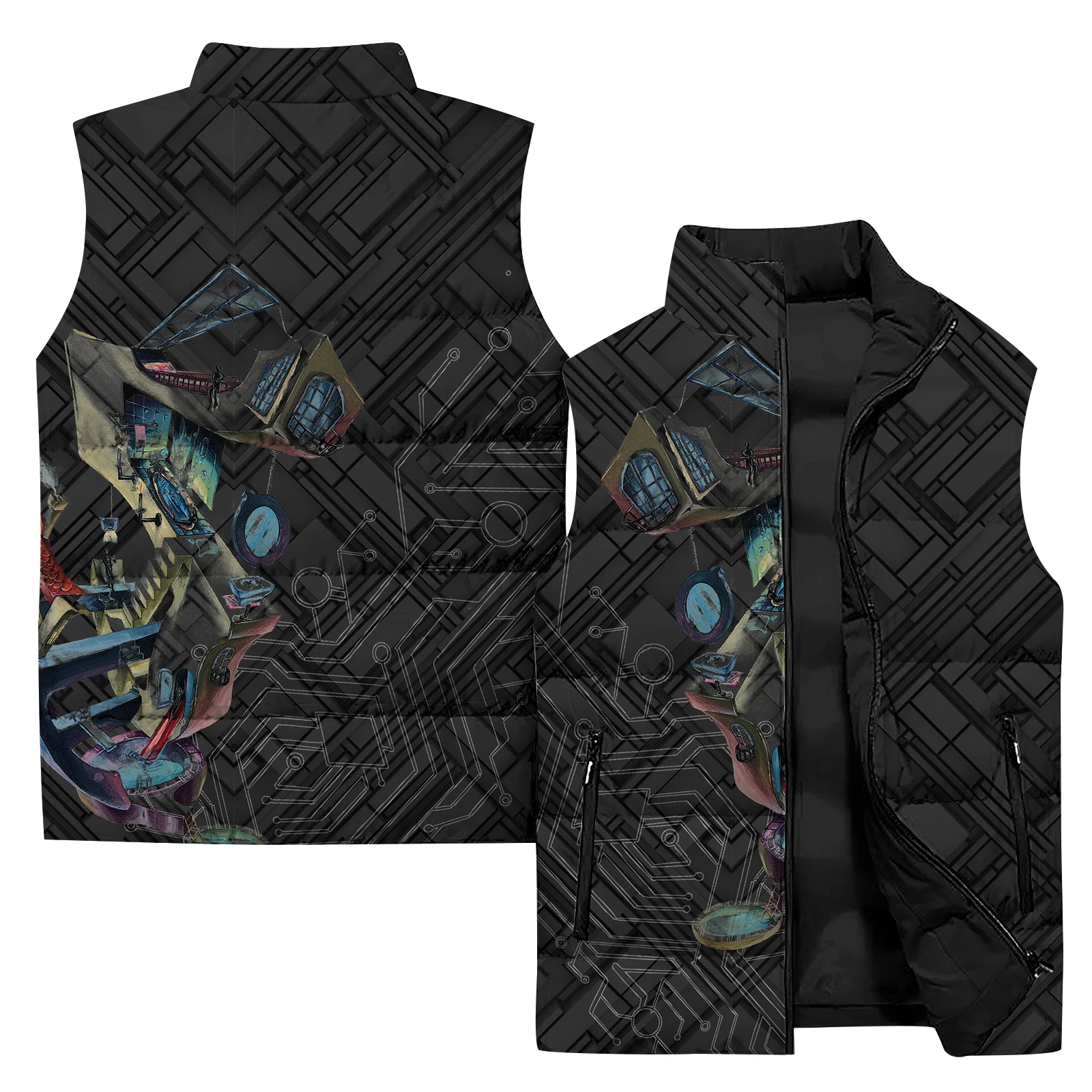 thumbnail image 1 of Ropa de invierno para hombre, chaleco de algodón con estampado de plumas y un solo ojo, estilo gótico, chaquetas cortavientos, chalecos de calle Harajuku para hombre, 1 of 5