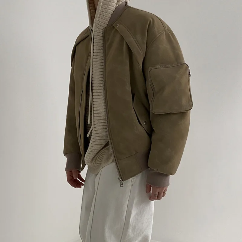 

SYUHGFA 2024 Winter Men's Thickened Cotton Clothing Suede Cotton Wool Coat Handsome Collarless Short Coat Padded Jacket