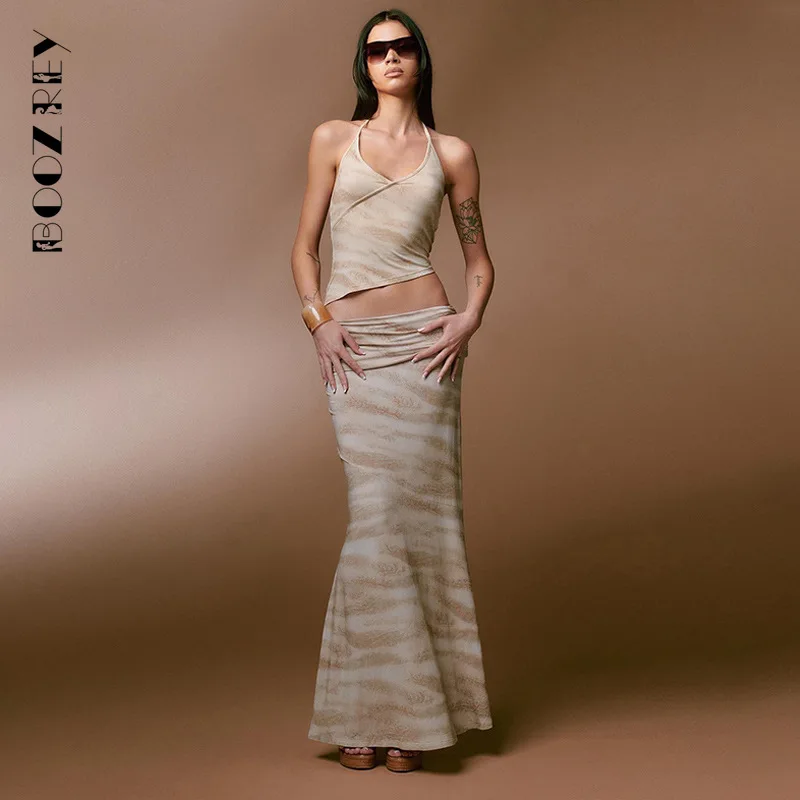 

BoozRey 2023 Summer Fashion Print Neck-mounted Crop Top +High Waisted Fishtail Skirt Set Women Sleeveless Backless 2 Piece Set
