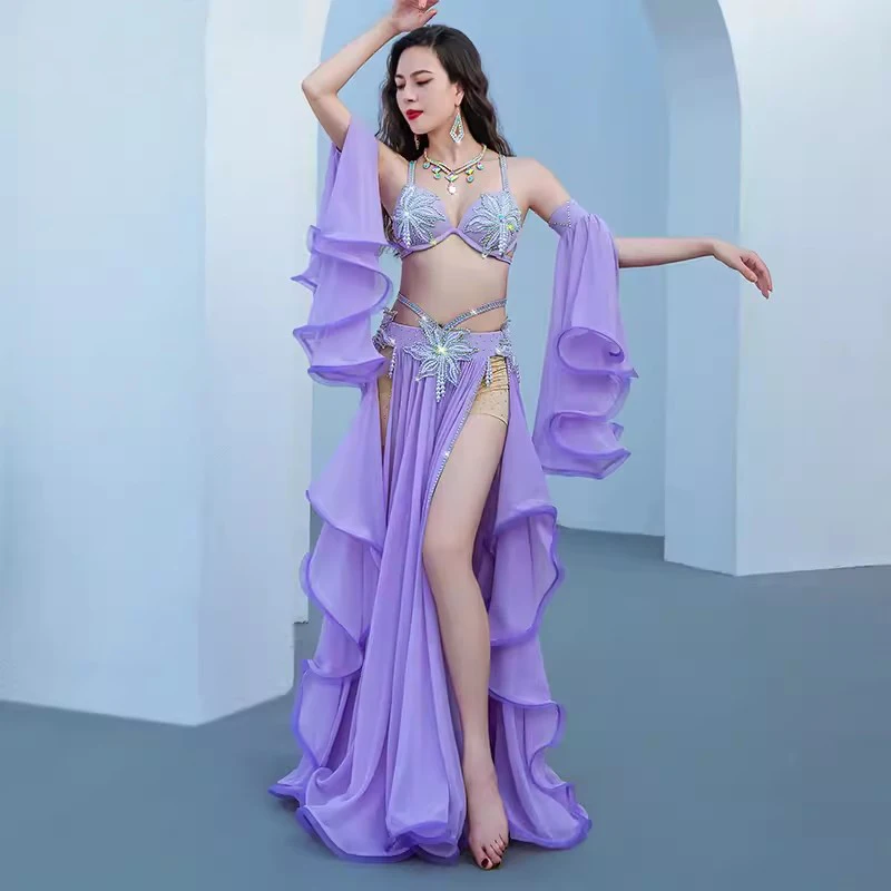【新品】エジプト製！ベリーダンス セットアップ 青とクリスタル Egyptianベリーダンスコスチュームセット、popsong