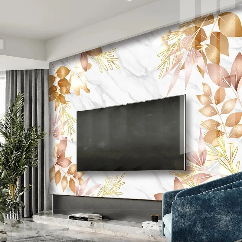 Custom 3D Photo Mural Wallpaper Light Luxury Leaf Marble TV Background Wall Papel Pintado Pared Home Décor Tapety Fresco Stikcer