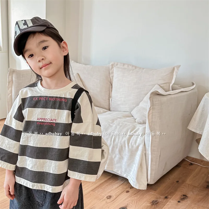 

2023 Spring New Children Casual T Shirt Loose Tops Kids Striped Cotton Tees Boys Girls Long Sleeve Bottoming Shirt Baby Clothes