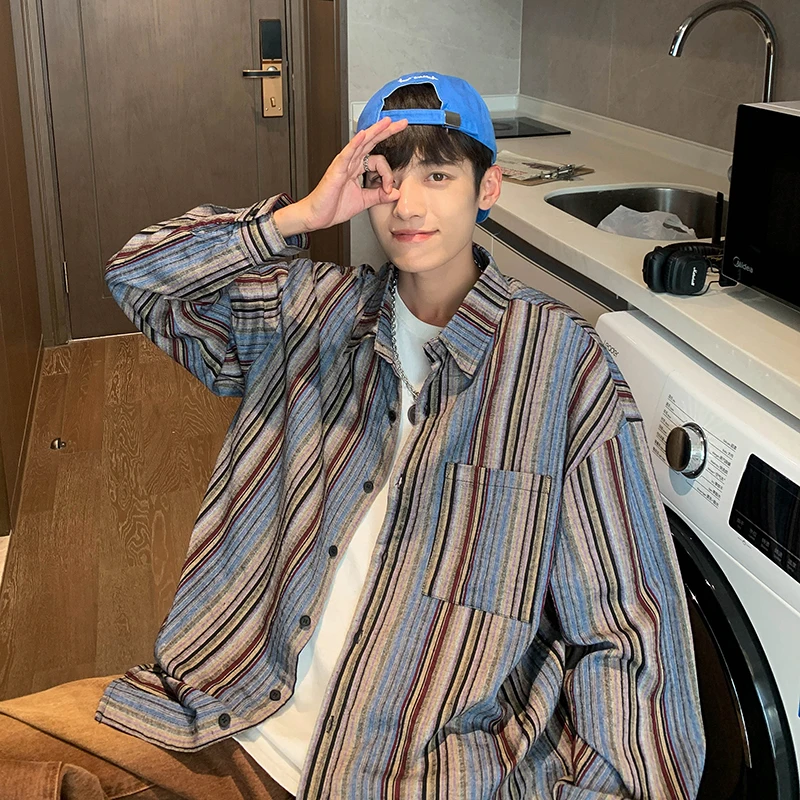 Retro Striped Asymmetrical Long Sve irt Men's Loose Fit Casual Sle Autumn Faion Japanese Sle Drop oulder irt