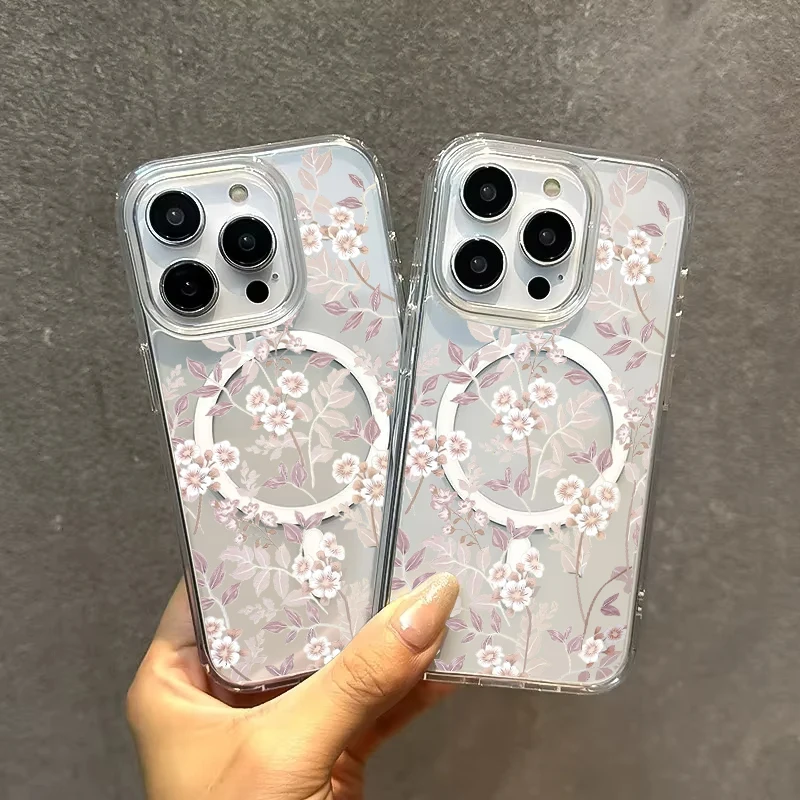 Elegant Purple White Floral Magnetic Clear Phone Case - Shockproof Hard Cover
