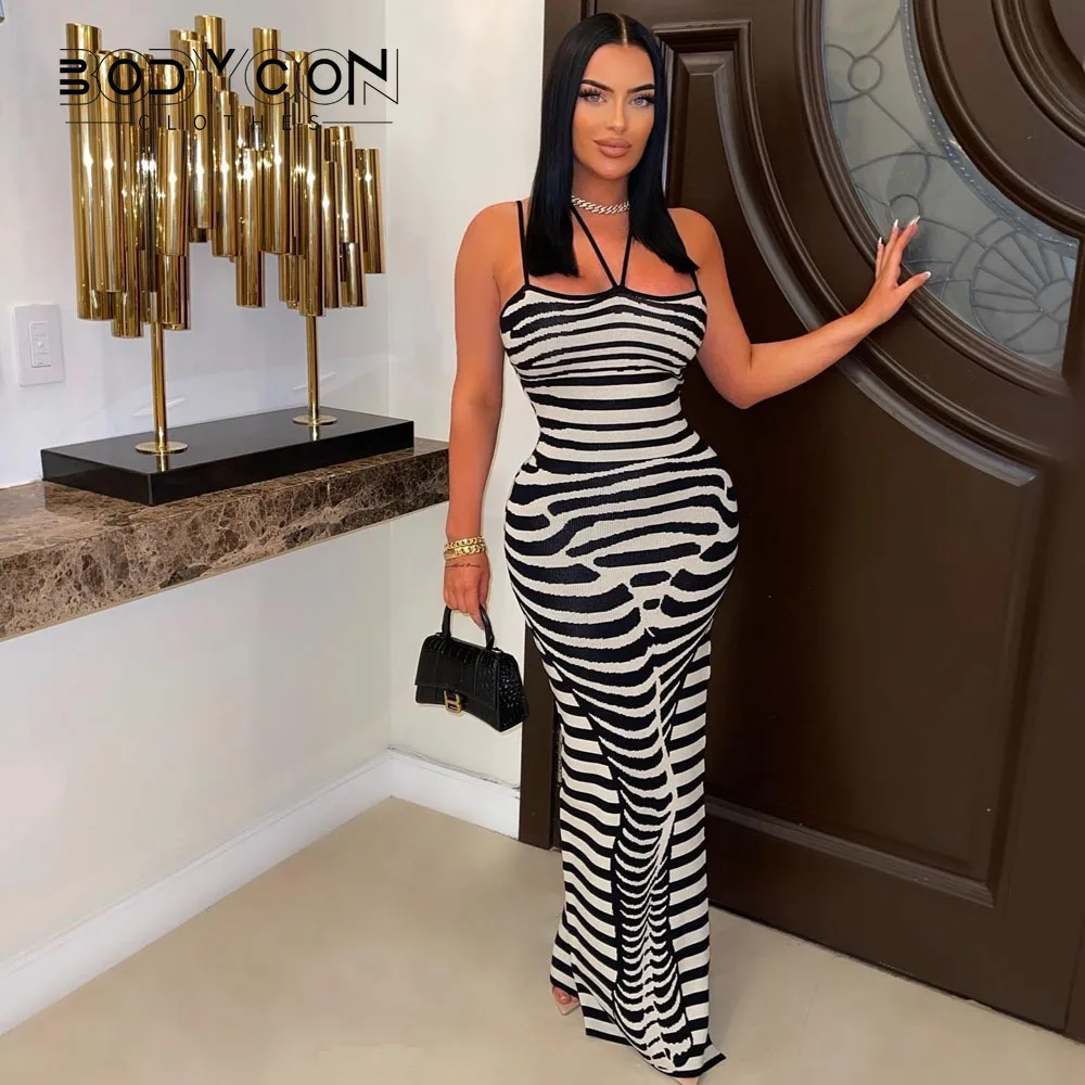 

BODYCON Women Striped Printed Knit Sleeveless Bodycon Midi Maxi Halter Dress 2023 Vestidos Sexy Clubwear Party Evening Dresses