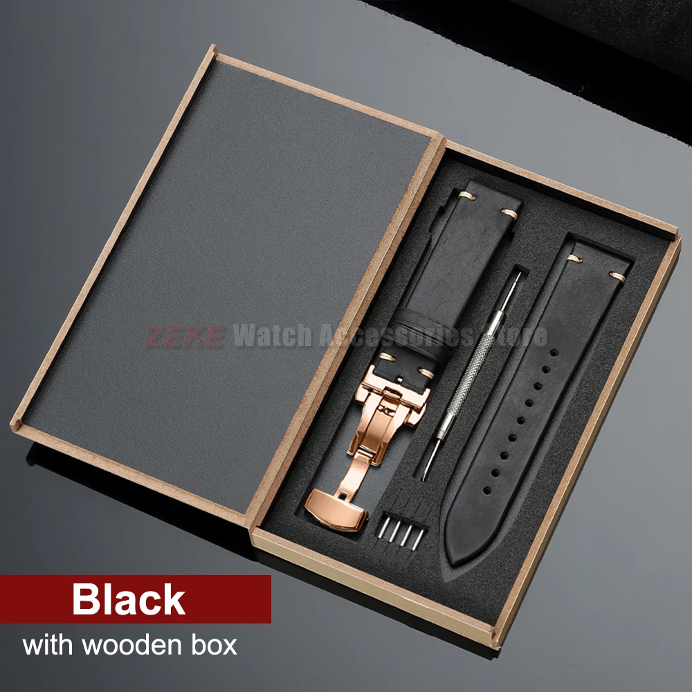 Elegant Genuine Leather Watch Band with Wooden Box & Butterfly Clasp Bracelet
