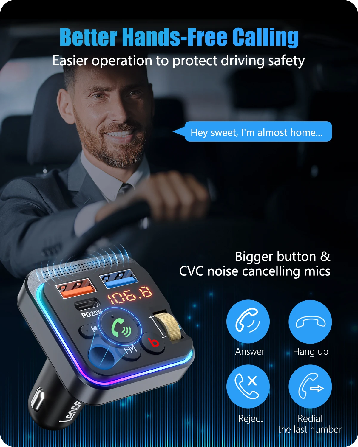 Bluetooth 5.3 FM Transmitter Car Adapter With PD 20W&QC3.0 Fast Charger - View #3