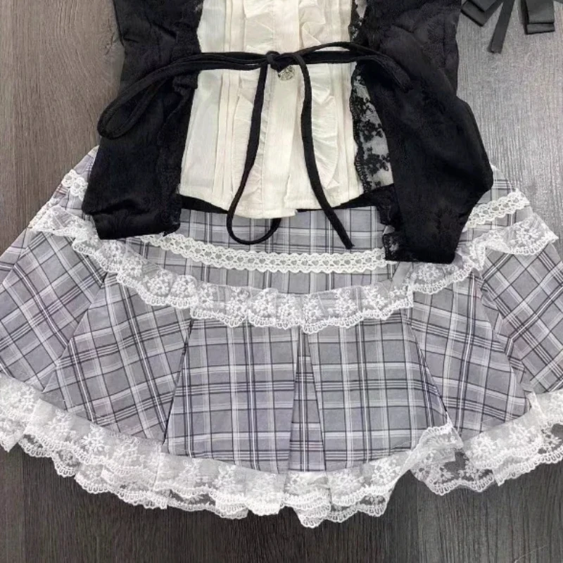 Japanese Kawaii Lolita Elegant 2 Piece Set Women Y2k Patchwork Vintage Kawaii Mini Skirt Suits Female Lace-up Chic Clothing 2024 6
