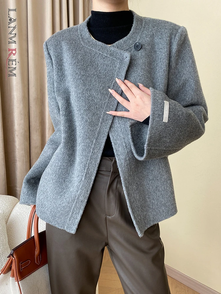 

[LANMREM] High End 100% Woolen Cardigan Coats Women Round Neck Single Button Long Sleeve Elegant Tops 2023 Winter New 26D6353