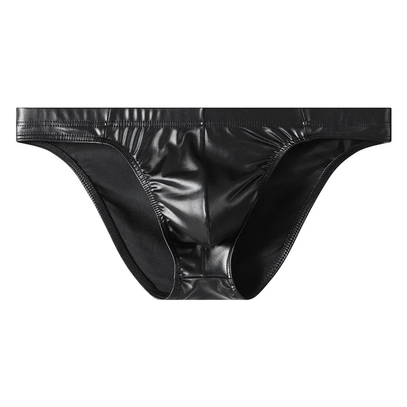 Men's Faux Leather Low Waist Briefs with Bulge Pouch