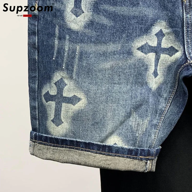 Supzoom 남성용 지퍼 플라이 스톤 워싱 캐주얼 카고 패치워크 코튼 데님 포켓 청바지 반바지, 여름 패션, 신상, 핫 세일