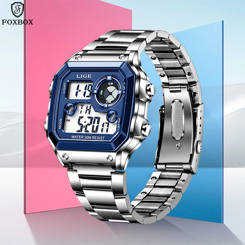 FOXBOX NEW Digital Watch Men Military Sport Chronograph Wristwatch Steel Strip  Waterproof Original Male Electronic Clock 2023