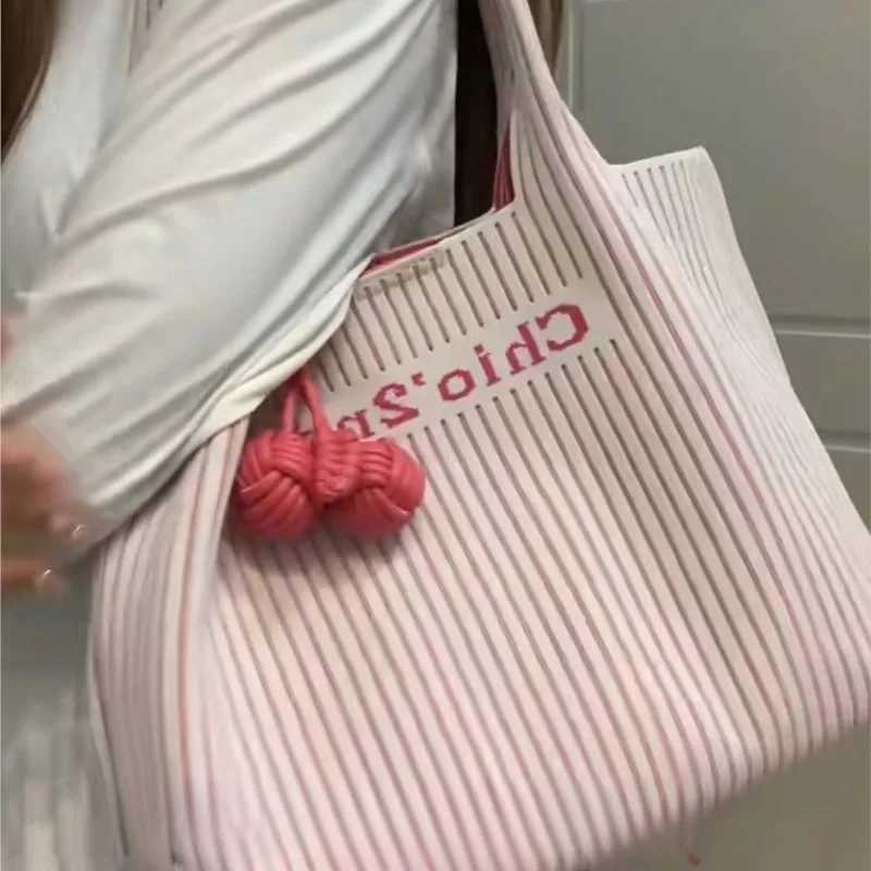Sweet Cute Pink Stripe Tote Bag Women Letter Print Colorblock Large Capacity Shoulder Bag Ladies Casual Commuter Sle Handbag New