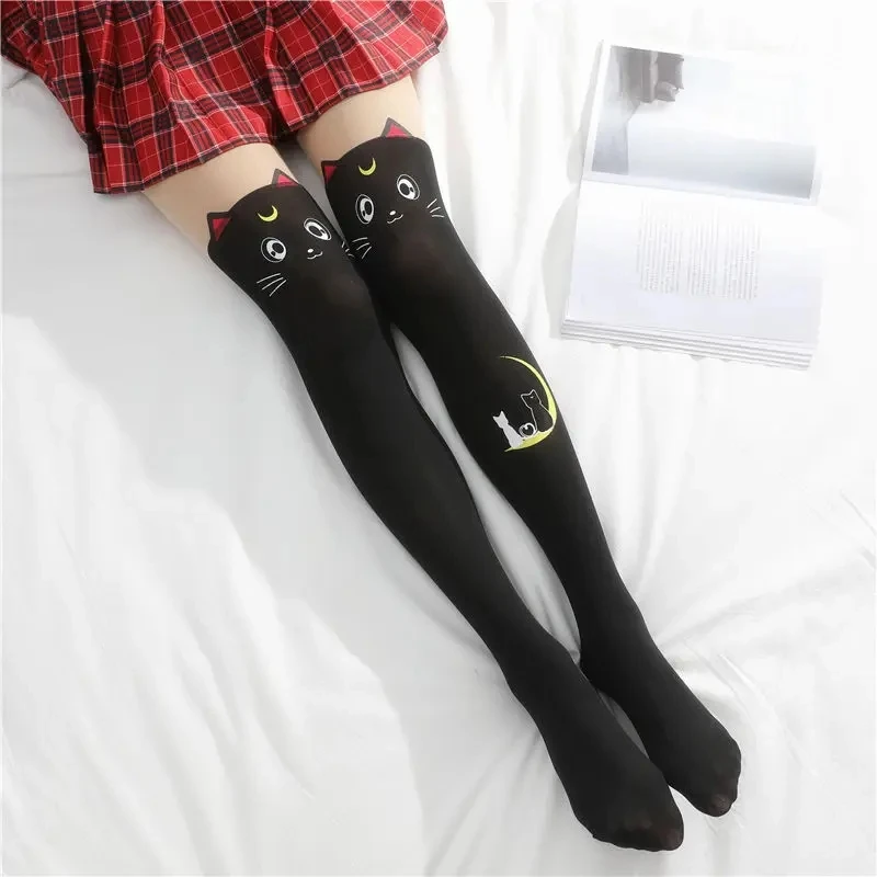 Cartoon Anime Knee Socks Moon Printed Thigh Stockings Luna Cat Black And White Cute Lolly Slimming Sock High Tube Panties