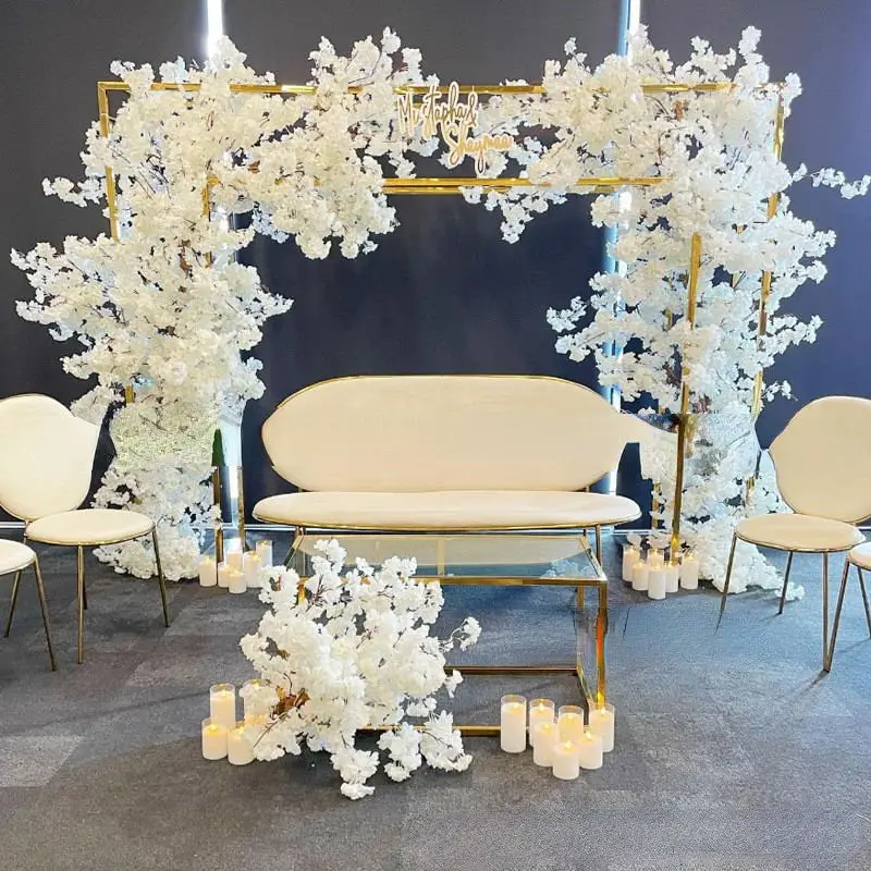 

Luxury Furniture Props Wedding Hall Party Decoration Frame Column Large Flower Arch With Dessert Snack Table Welcome Sign Stand