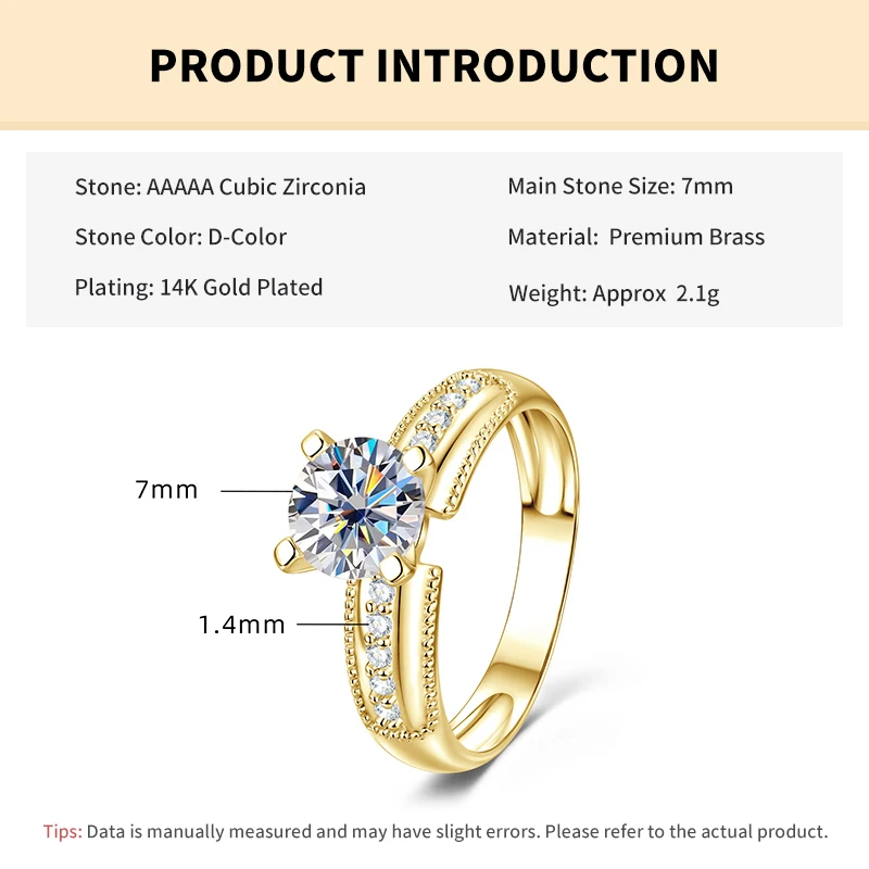 Rrjzz 7 mm 1,25 CT Solitär-Verlobungsringe mit rundem Schliff und simuliertem Diamant für Damen, klassischer Hochzeits-Brautring, Schmuck, Geschenke – Detail 1