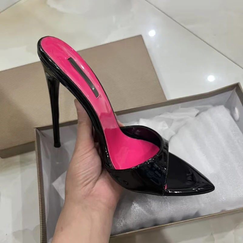 패션 섹시 여름 샌들 12cm 하이힐 파티 이브닝 슬리퍼 광택 가죽 퓨어 컬러 포인티드 토 여성 신발 큰 사이즈 46