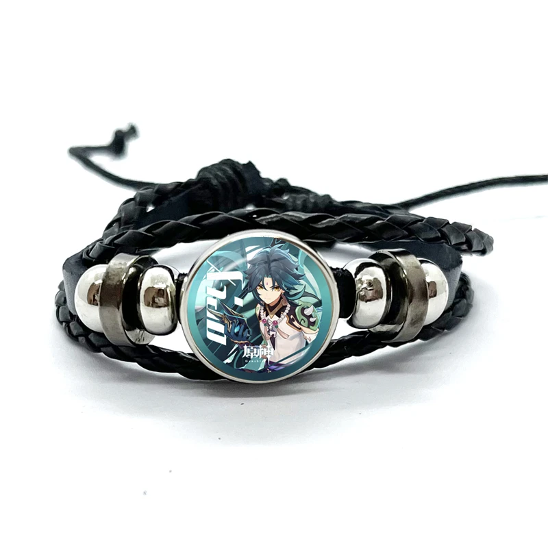 Game Genshin Impact Bracelet Cartoon Anime Zhongli Hutao Tartaglia Cosplay Jewelry Multilayer Snap Button Leather Bangles 4