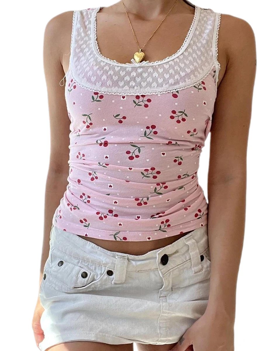 

Women Casual Tank Tops Cherry Print Mesh Patchwork Sleeveless Vests Summer Slim Fit T-Shirts Club Streetwear 2023