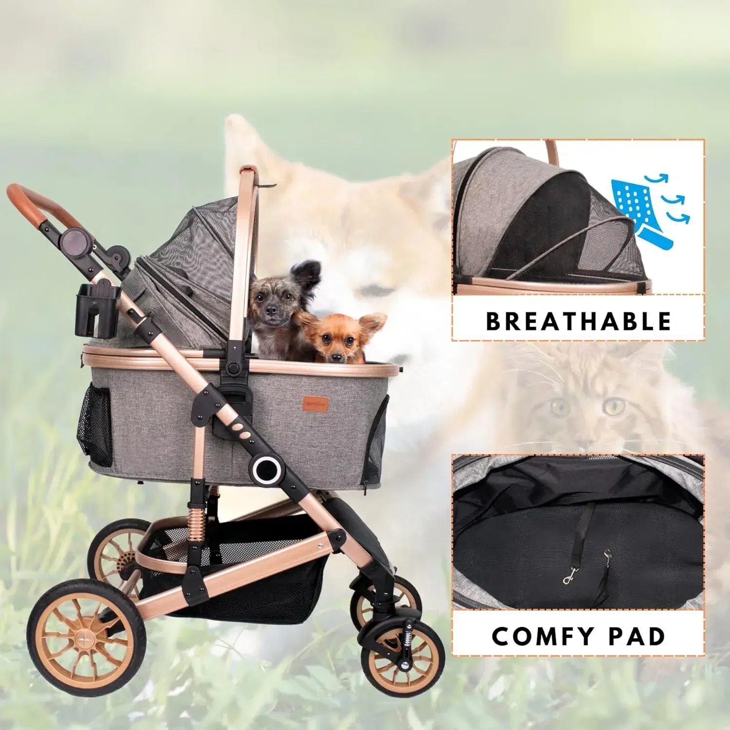 Pet Stroller with 4 Wheels Foldable Pet Travel Carrier for Small/Medium Dogs Cats Up To 50lbs Detachble Portable Bag