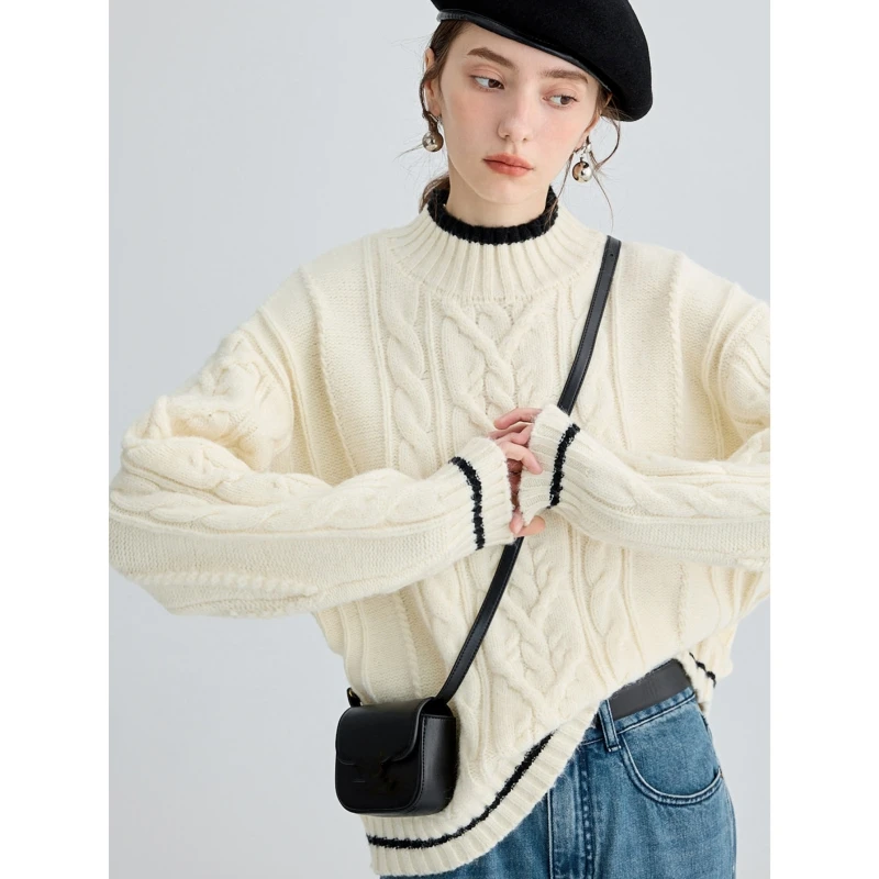

Women's Clothes Apricot Sweater Color Contrast Fashion Vintage Lazy Wind Winter Female Knitting Long Sleeves Pullover Tops