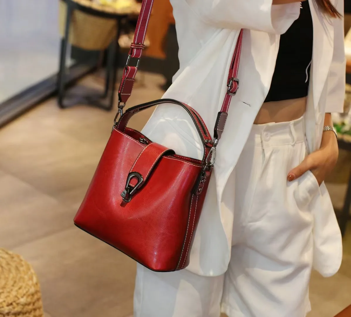 Secchiello da donna in vera pelle cerata a olio, borsa a tracolla alla moda da donna in pelle bovina di grande capacità, casual e semplice_voghion.com