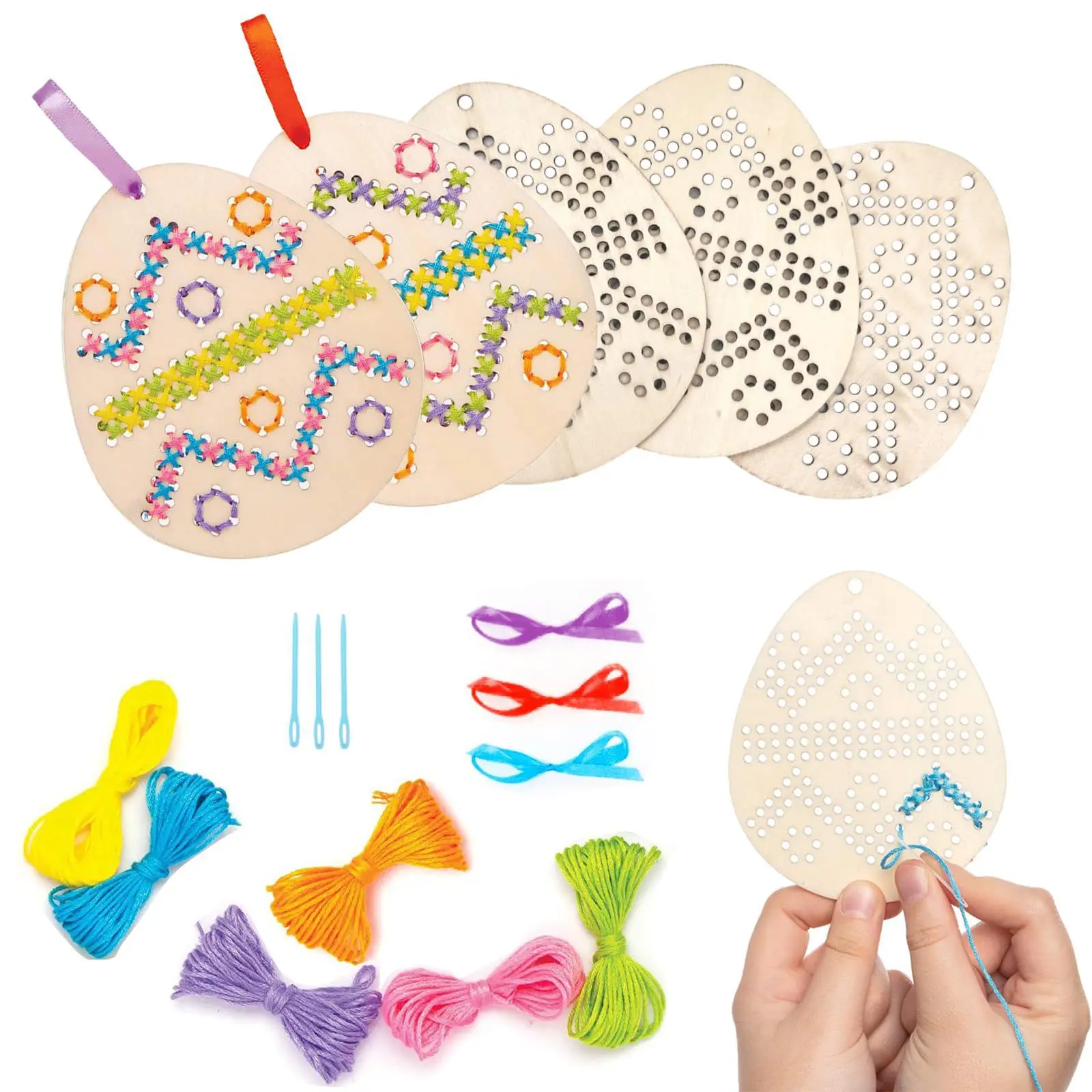 DIY Easter Egg Embroidery Set Cross Stitch Hanging Pendant Easter Wood Handmade Children Sewing Ornament Holiday Decorations