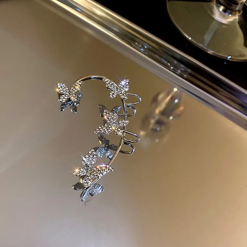 Ear Clip Earrings Sparkling Butterfly For Women Rhinestone Crystal Buckle Without Piercing Party Wedding Jewelry