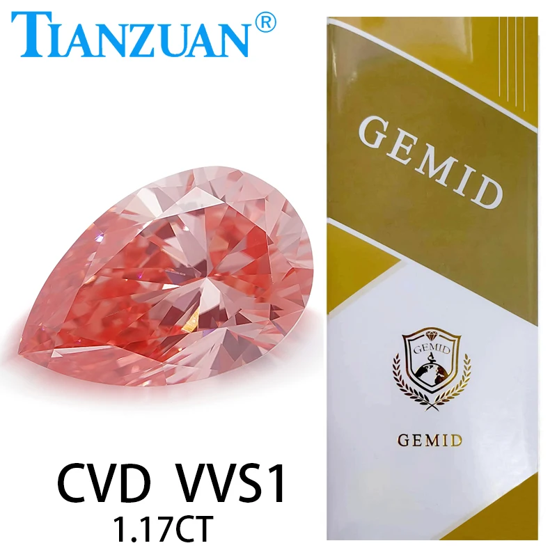 Lab Grown Diamond CVD Pear Shape Fancy Vivid Pink Color 1.17CT VVS1 2EX Loose Gemstone Bead with GEMID Certified