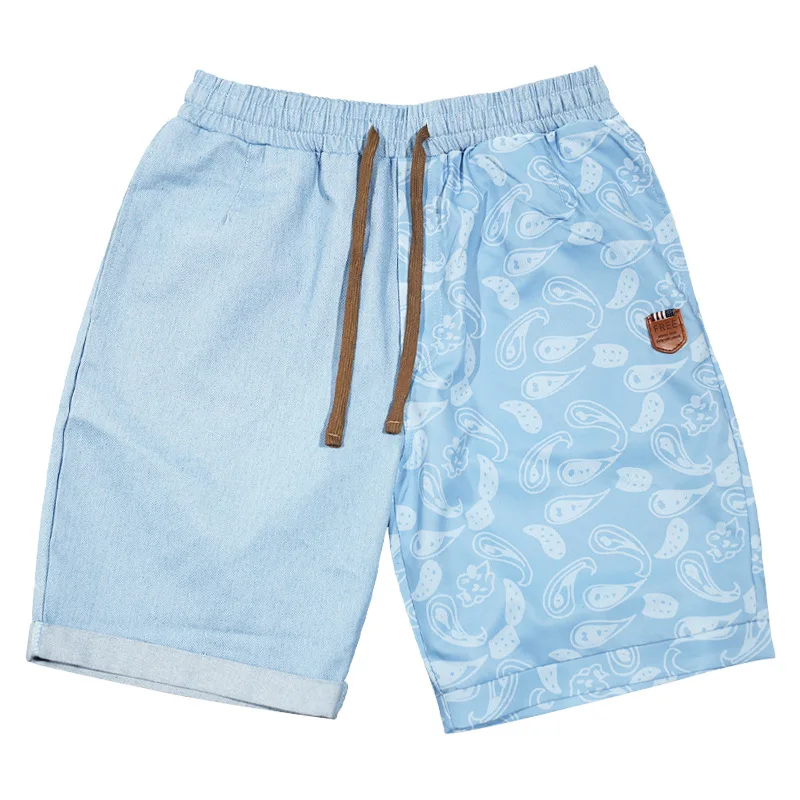 2024 Summer New Men's Color Blocking Jacquard Mid Waist Drawstring Pockets Loose Straight Tube Sports and Leisure Knee Pants