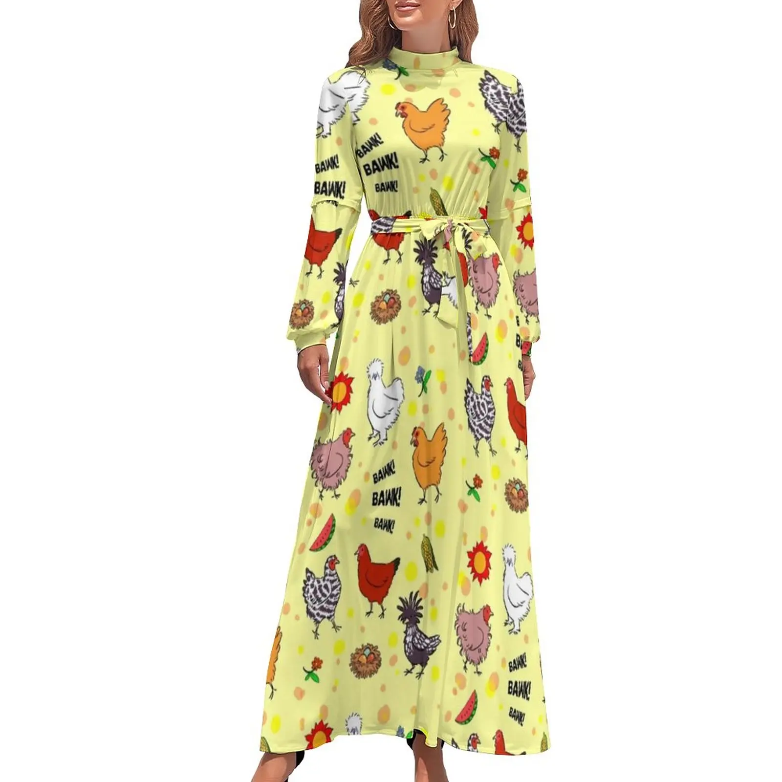 

Cute Animal Dress Cartoon Chickens Pattern Cute Maxi Dress Korean Fashion Bohemia Long Dresses High Waist Design Vestido
