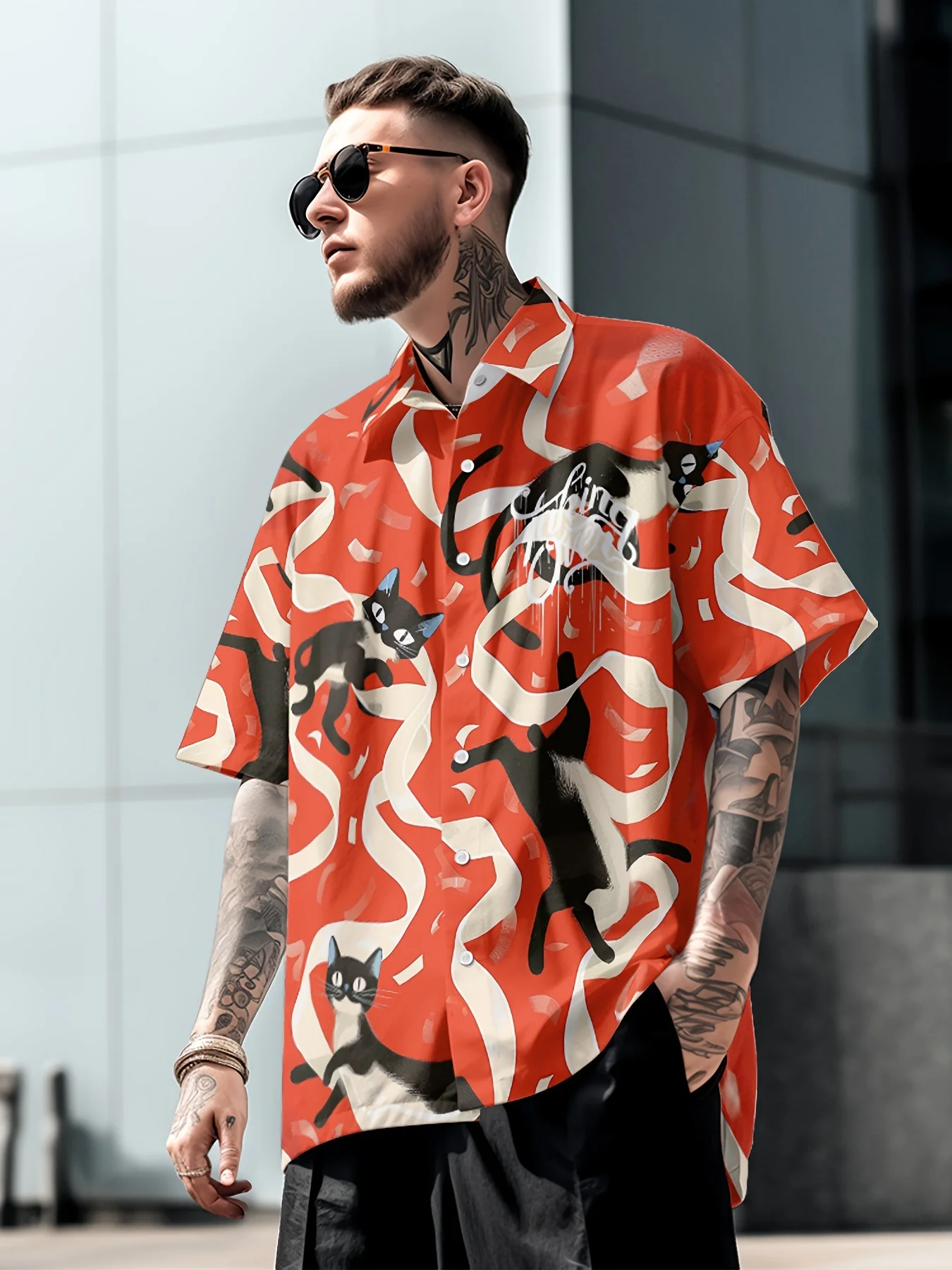 

2024 New Summer Men's Short Sleeve Button Down Shirt Cat Print Casual Summer Men's Daily Holiday Beachwear Branded Tops