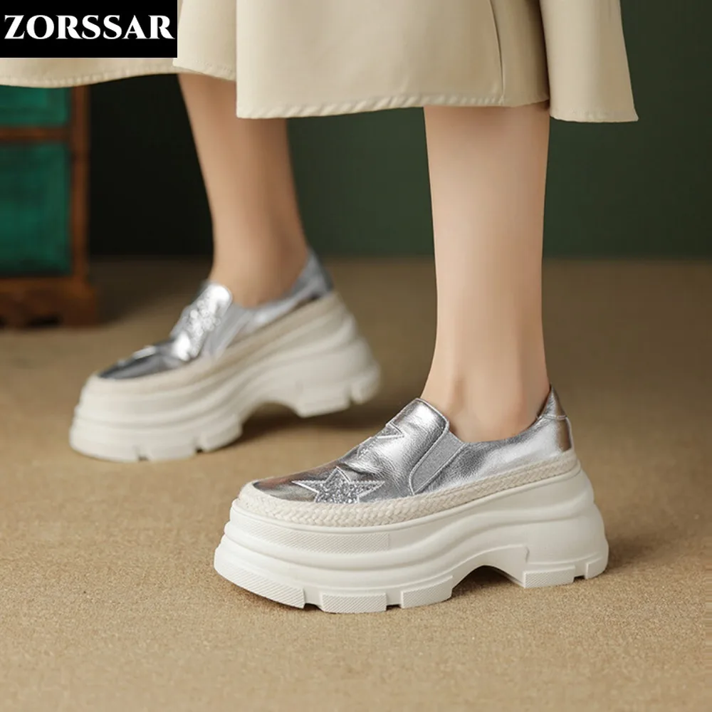 

2024 Fashion Silver Women Shoes Flat Platform Shoes Cow Leather Slip on Sneakers Star Loafers Moccasins Women Thick Soled Shoes