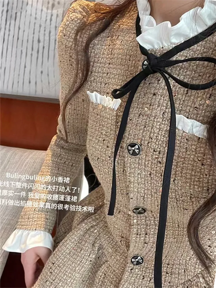 Jielur Slim Waist Korean Style Women Dress New Ruffled Bow