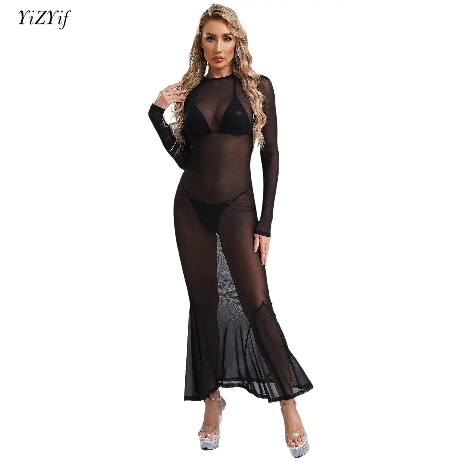 

Sexy See Through Mesh Mermaid Dress Womens Lingerie Long Sleeve Sheer Cover-up Bodycon Maxi Dress for Photography Nightwear