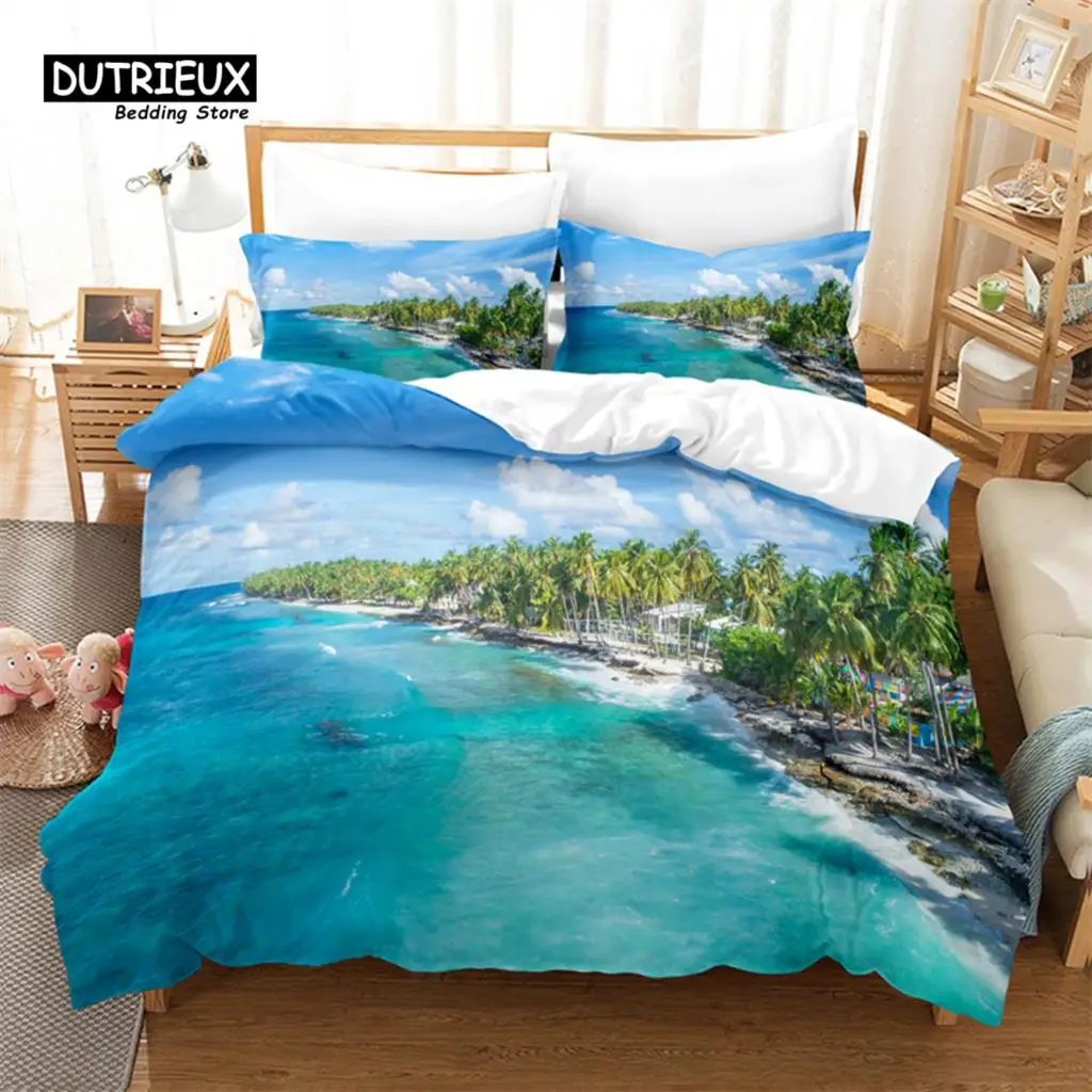 

Seaside Beach Bedding Set, 3Pcs Duvet Cover Set, Soft Comfortable Breathable Duvet Cover, For Bedroom Guest Room Decor