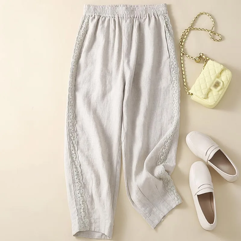 

summer Casual Linen Loose Harlan Pants for Women Sweet Solid Ladies Pants Vintage New Trousers with Lace Fashion Pantalon 26843