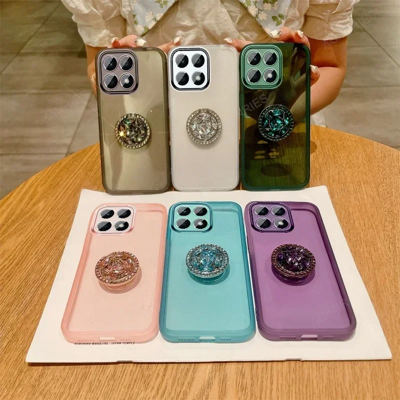 Clear Soft Silicone Lens Protection Case with Candy Color Diamond Ring Holder Cover