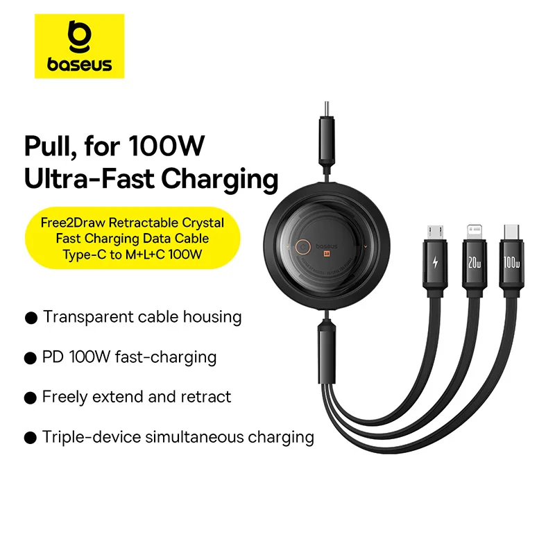 Baseus Retractable 100W 3 in 1 Fast USB Cable for Macbook iPad Portable 3 in 1 Micro Type C Charger Cable For iPhone Samsung
