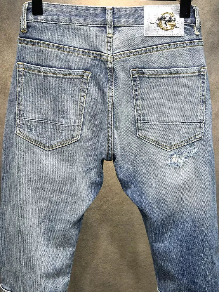 Fashion Streetwear Men Jeans Retro Blue Spliced Designer Elastic Slim Fit Ripped Jeans Men Patched Hip Hop Denim Pants Hombre