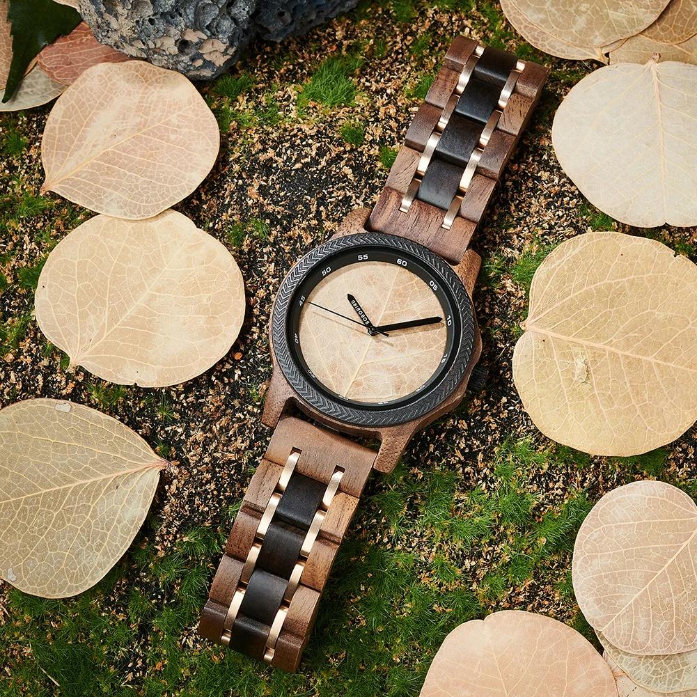 Men's Wood Watch with Genuine Leaf, BOBO BIRD Watch, Leaves Face Original Wooden Clock, Engraved Watch, Anniversary Custom Gift