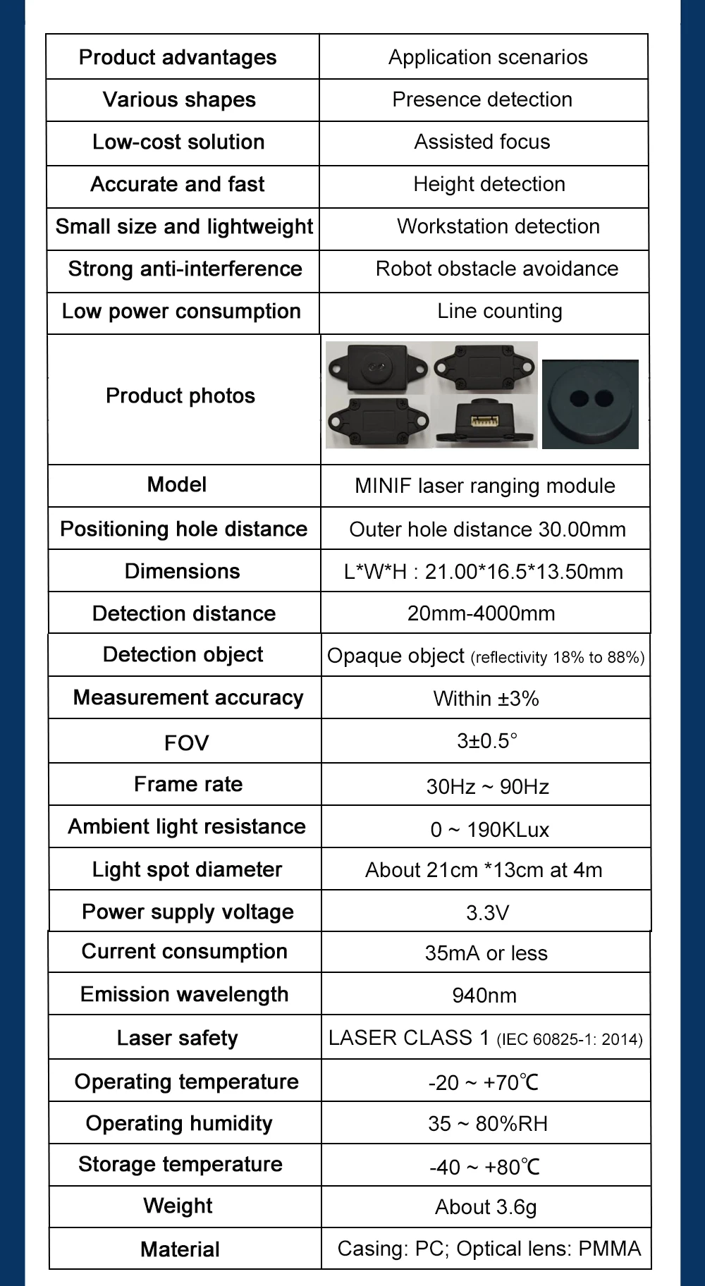 MINIF Laser Ranging Module TOF Sensor Small Angles Highly Resistant Strong Light